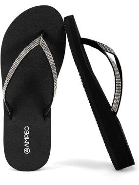 Women's Black Sparkly Rhinestone Thin Straps Design for Beach Flip Flop Sandals